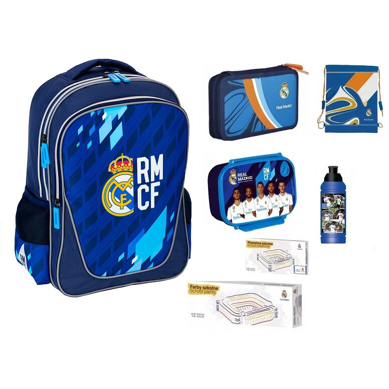 Set pentru scoala, Real Madrid, rucsac, penar, sac pentru pantofi, vopsele, plastilina, sticla de apa, cutie pentru pranz