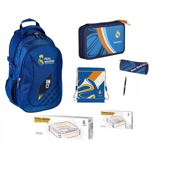 Set rucsac scoala Real madrid ,husa creion, pix, penar, sac pentru pantofi, plastilina, vopsele