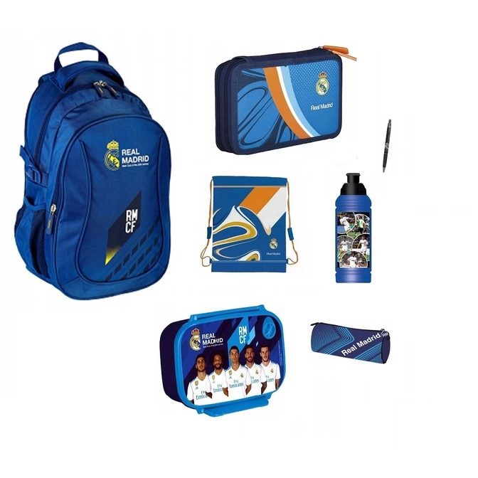 Set rucsac, scoala Real madrid, penar, sac pentru pantofi, pix, cutie pentru pranz, sticla de apa, husa creion