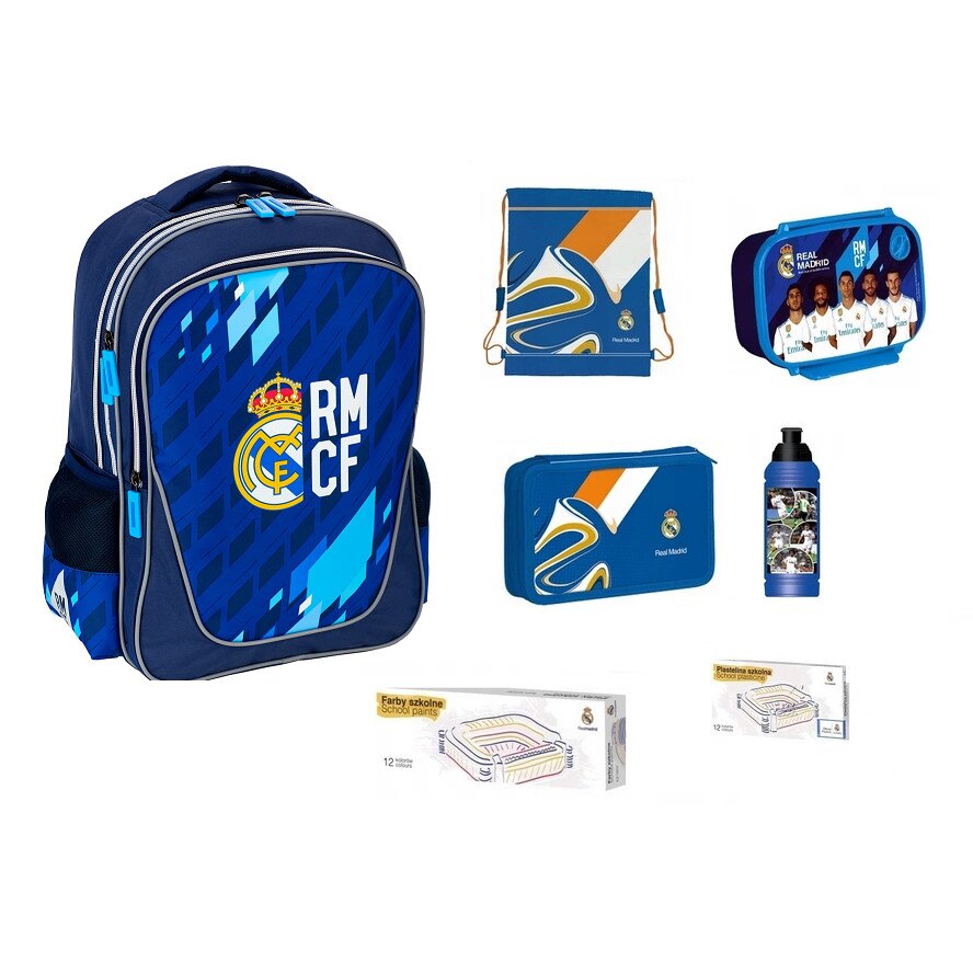 Set rucsac scoala, Real Madrid, penar, sac pentru pantofi, cutie pentru pranz, sticla de apa, plastilina, vopsele