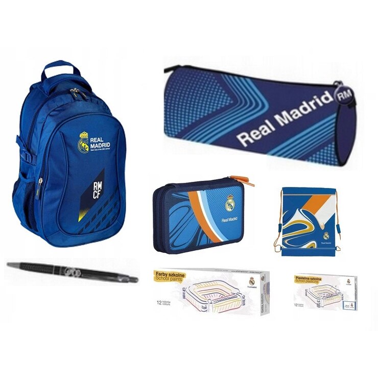 Set rusac scoala, Real Madrid, penar, sac pentru pantofi, husa creion, pix, vopsele, plastilina, multicolor