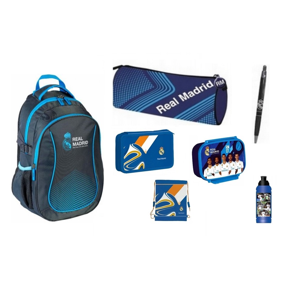 Set rucsac scoala, Real Madrid, penar, sac pentru pantofi, husa creion, pix, cutie pentru pranz, sticla de apa