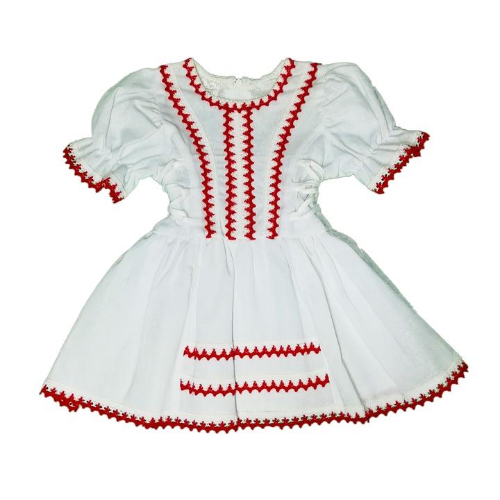 Рустикална рокля за момичета, Бяла/Червена с червена дантела