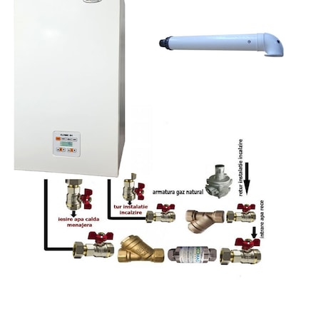 Centrala conventionala Motan Clasic 24 kW, schimbator principal inox, kit evacuare, robineti, filtre, regulator incluse, tiraj fortat