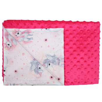 Paturica 2 fete, Minky roz, Unicornul roz, 80x100cm Paturica 2 fete, Minky roz, Unicornul roz, 80x100cm