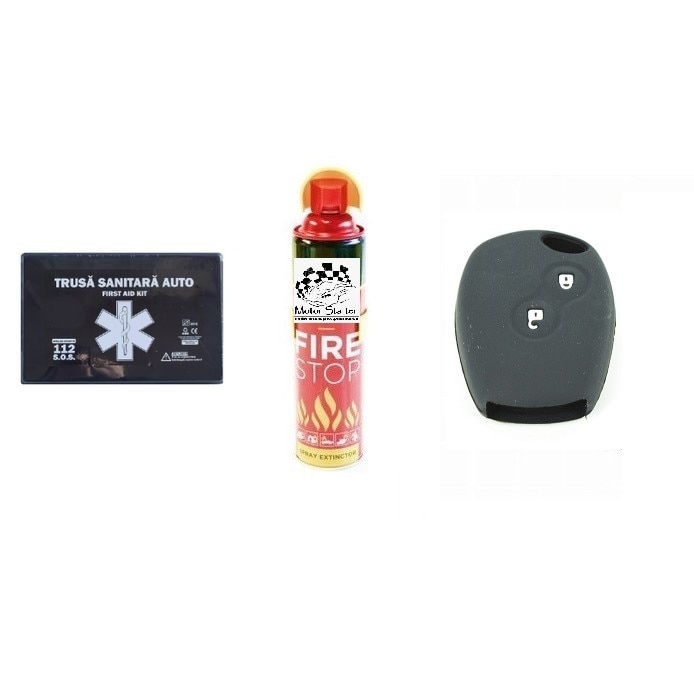 Kit siguranta rutiera Motor Starter™ 5 ani valabilitate, Trusa medicala auto prim ajutor + Stingator auto tip spray 1000 ml, husa silicon cauciuc compatibil Dacia/Renault