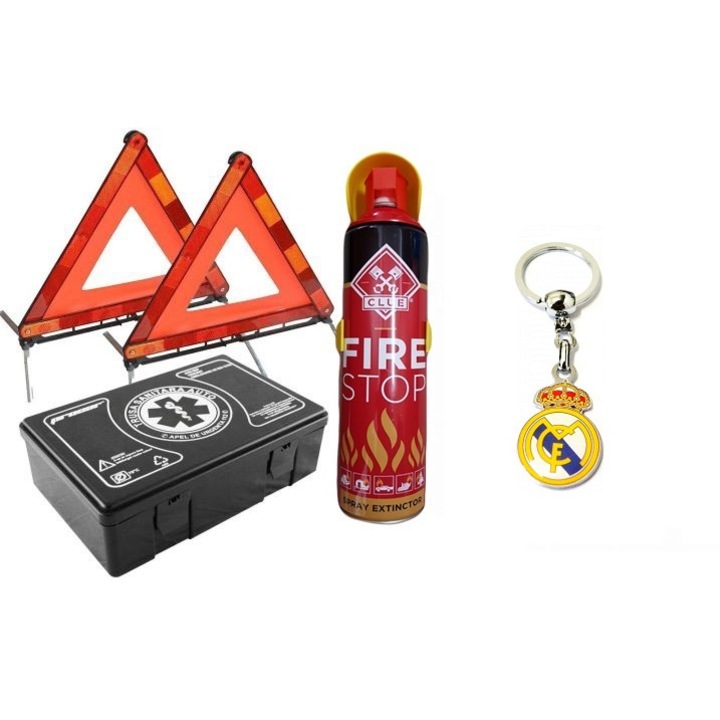 Комплект за автомобил Motor Starter Premium, Медицински комплект, 2 x Триъгълника, Пожарогасител тип спрей, Ключодържател от неръждаема стомана Real Madrid CF