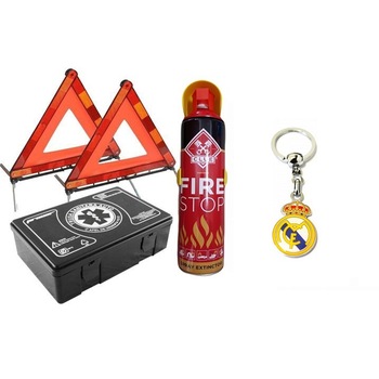 KIT auto obligatoriu Premium Motor Starter - Trusa Medicala, 2xTriunghiuri, Stingator Tip Spray, breloc otel inoxidabil Real Madrid CF KIT auto obligatoriu Premium Motor Starter - Trusa Medicala, 2xTriunghiuri, Stingator Tip Spray, breloc otel inoxidabil Real Madrid CF