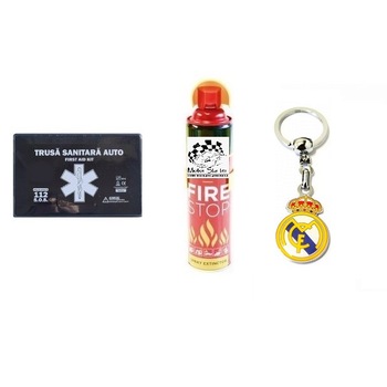 Kit siguranta rutiera Motor Starter™ 5 ani valabilitate, Trusa medicala auto prim ajutor + Stingator auto tip spray 1000 ml, breloc otel inoxidabil Real Madrid CF Kit siguranta rutiera Motor Starter™ 5 ani valabilitate, Trusa medicala auto prim ajutor + Stingator auto tip spray 1000 ml, breloc otel inoxidabil Real Madrid CF