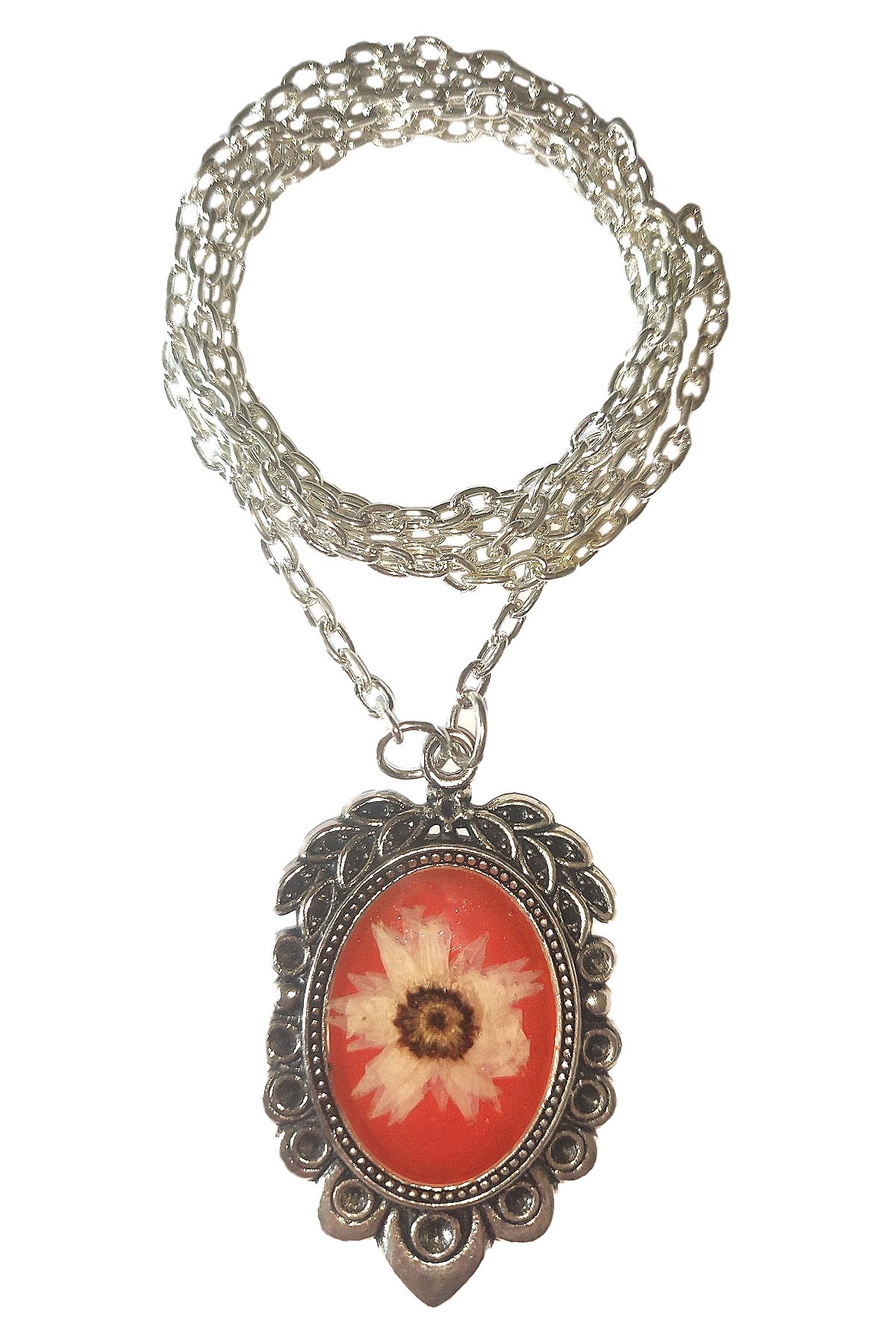 Colier cu pandativ din flori naturale si rasina, Delirium, unicat, rosu-alb, 70 cm