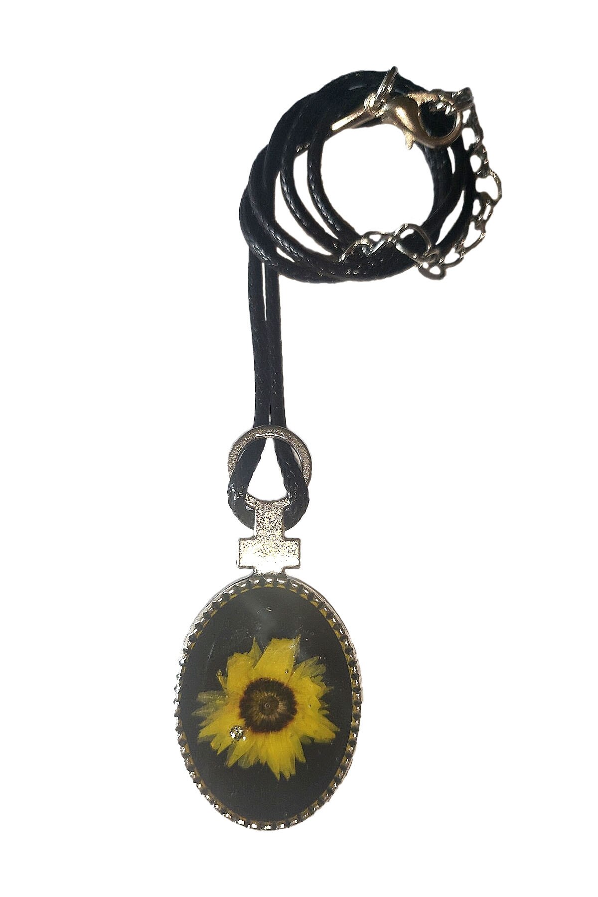 Colier cu pandativ din flori naturale si rasina, Delirium, unicat, negru-galben