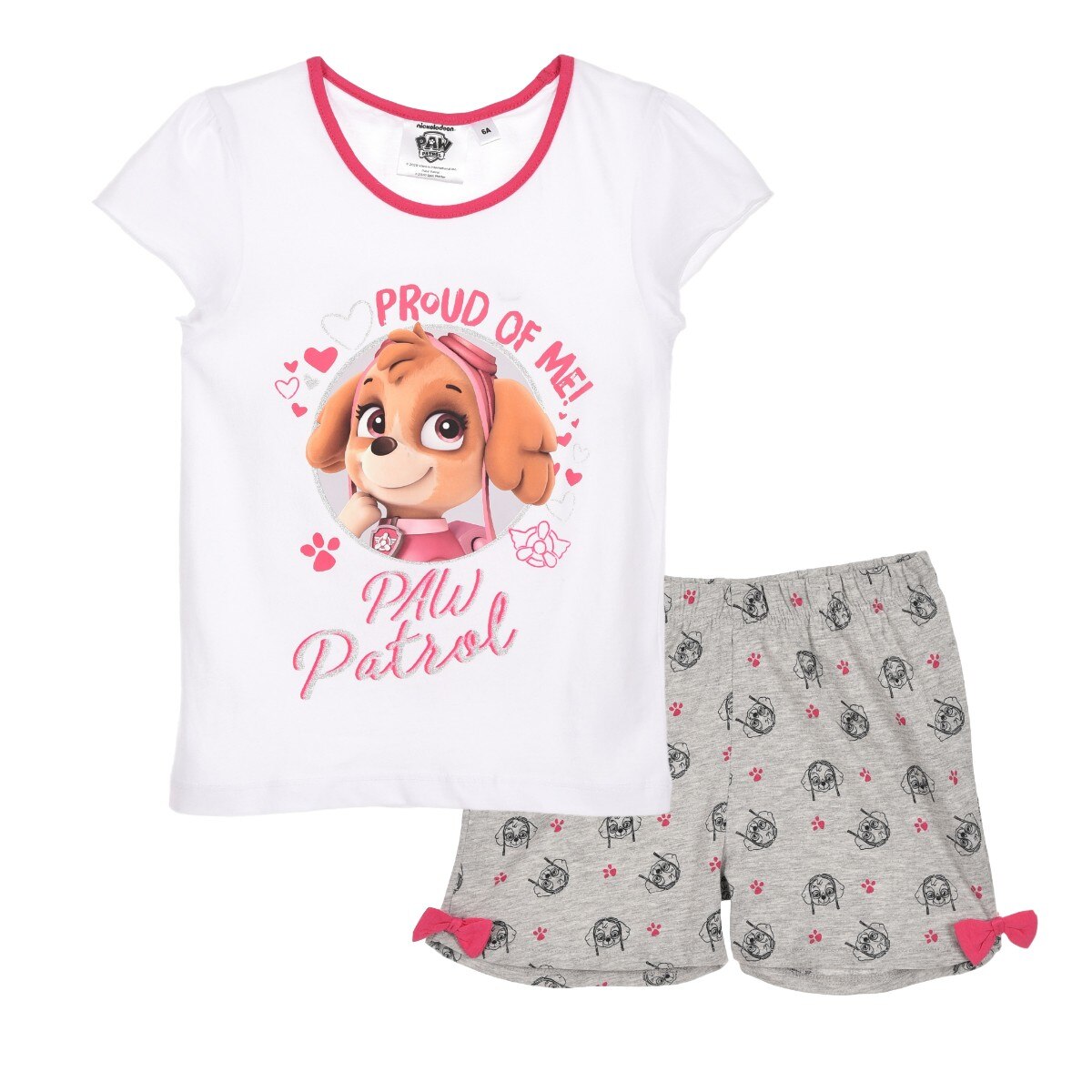 Pijamale maneca scurta Patrula Catelusilor, alb/gri