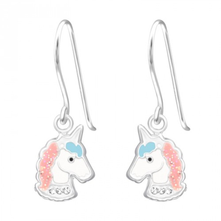 Unikornis lapos fülbevaló, 925 ezüstből gyerekeknek, ezüst színű, ékszerdobozban