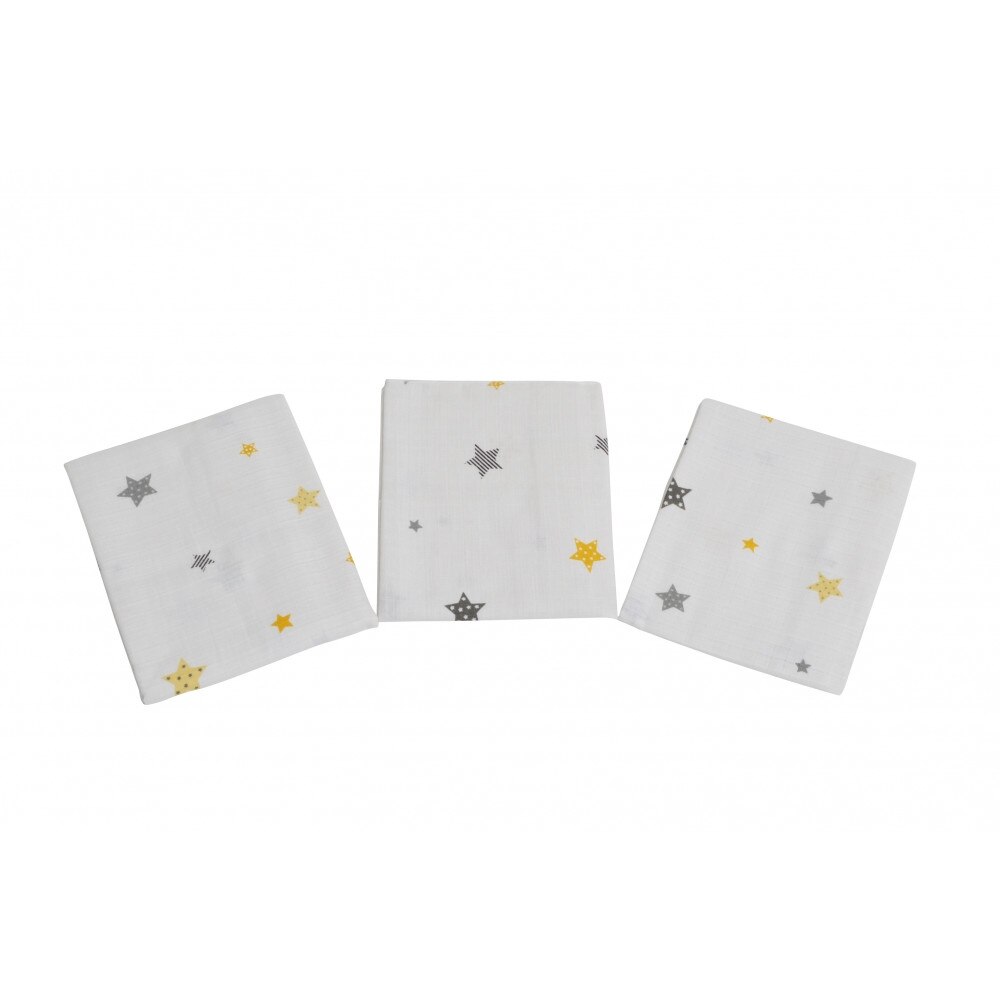 Set 3 scutece Nichiduta muselina din bumbac organic 100% Yellow and Grey Stars