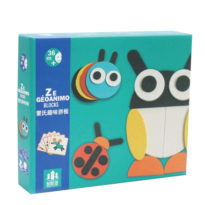 Joc educativ - Tangram din lemn cu 30 piese si 20 Carduri multicolore, eduBEBE, N159