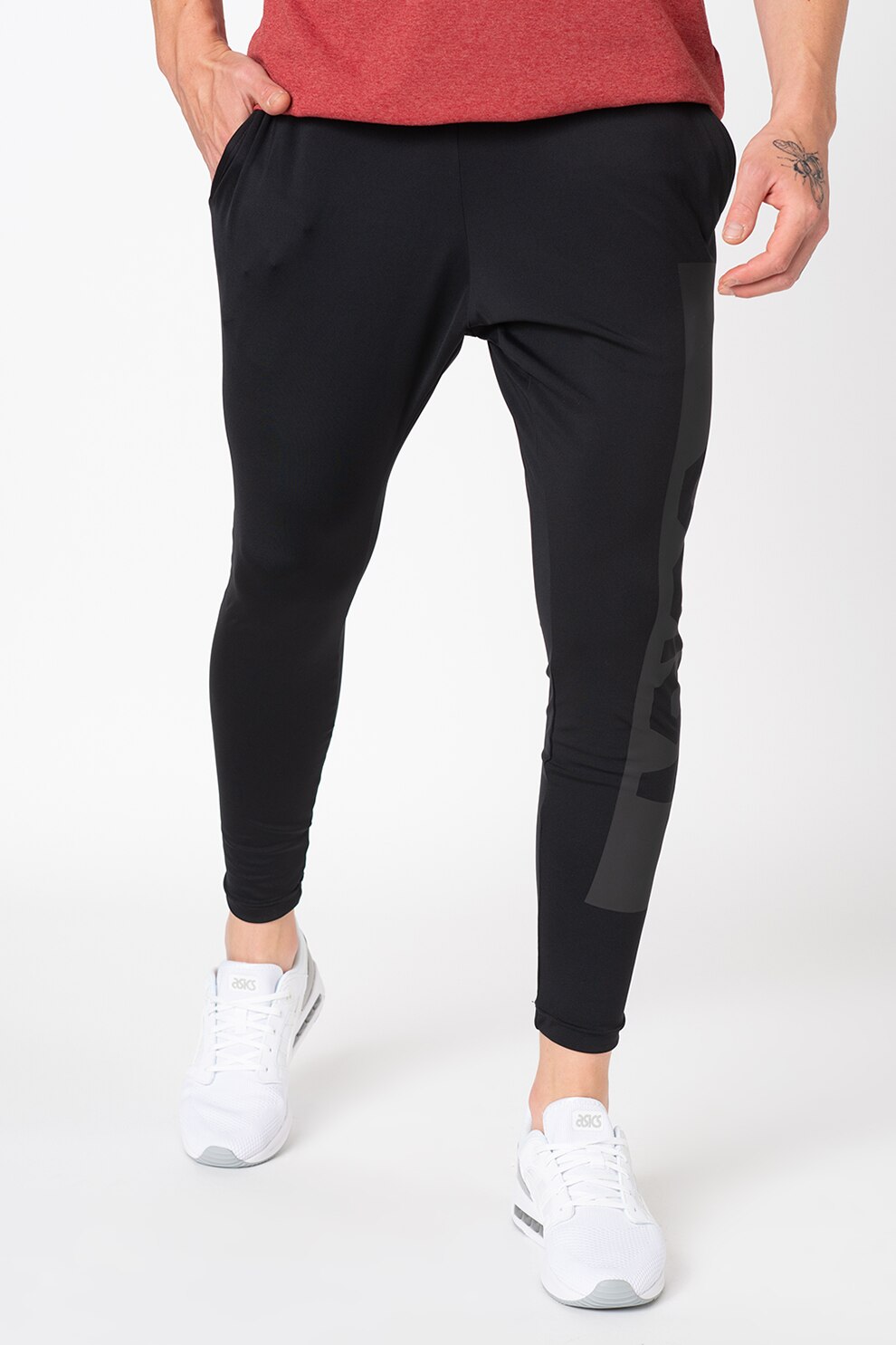 Asics, pantaloni elastici cu imprimeu logo, Negru, S