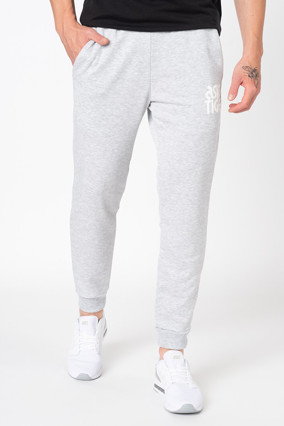 ASICS Tiger, Pantaloni sport cu imprimeu logo Sports Style, Gri deschis melange/Alb, XL