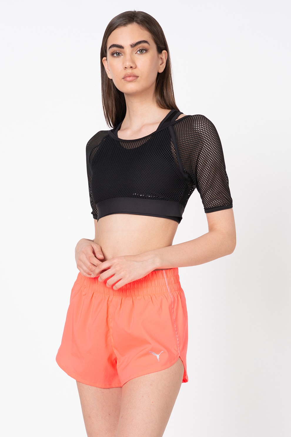 Puma, Tricou crop din plasa, cu design 2in1, pentru fitness, Negru