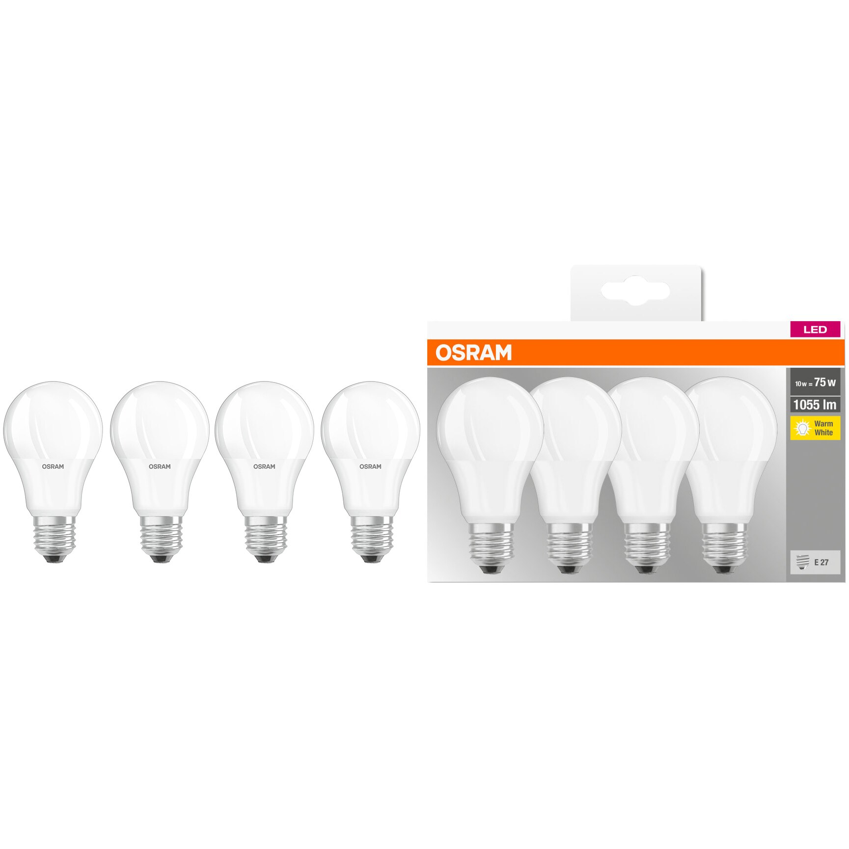 Set 4 becuri LED Osram Base Classic A75, E27, 10W (75W), 1055 lm, lumina calda (2700K), clasa energetica F
