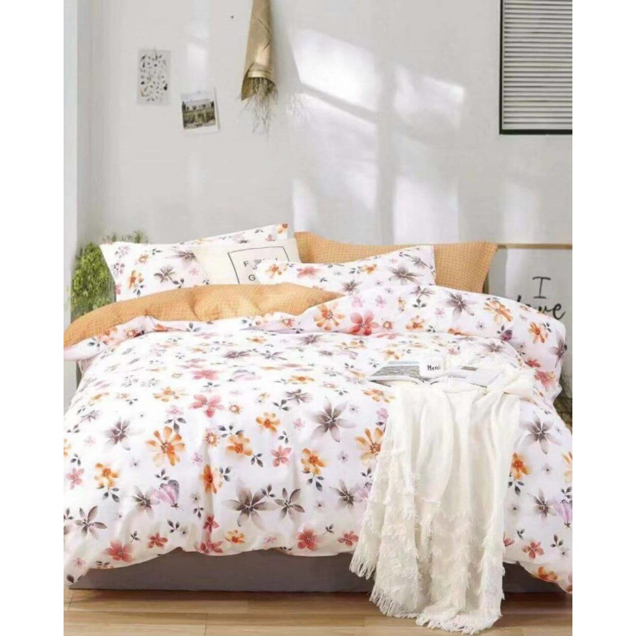 Set Lenjerie de Pat Bumbac 100%, 4 Piese, Pat 2 Persoane, Floricele Multicolor