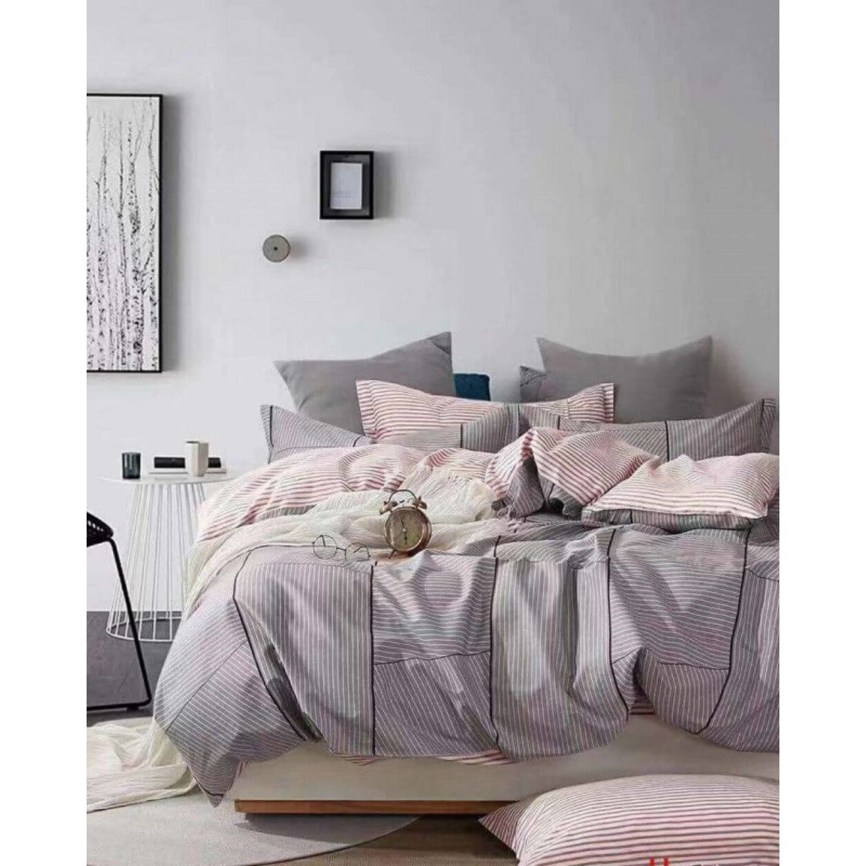 Set Lenjerie de Pat Bumbac 100%, 4 Piese, Pat 2 Persoane, Carouri