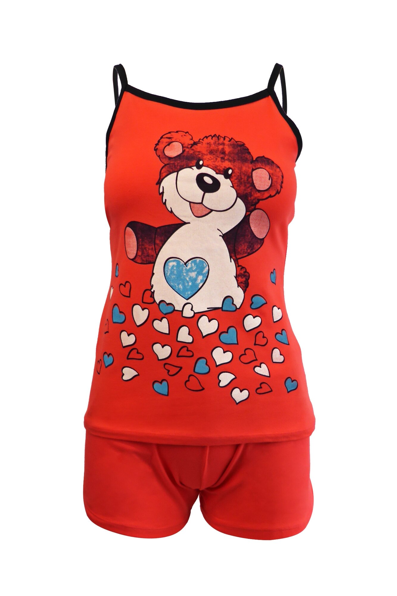 Pijama dama, Univers Fashion, corai, maiou cu imprimeu ursulet si inimi, pantaloni scurti albastru cu 2 buzunare