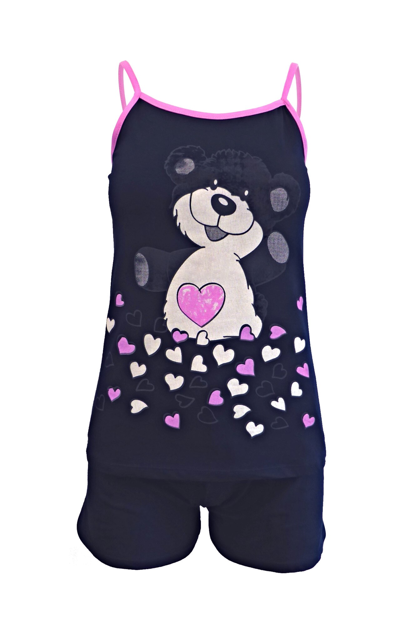 Pijama dama, Univers Fashion, albastru, maiou cu imprimeu ursulet si inimi, pantaloni scurti albastru cu 2 buzunare, L