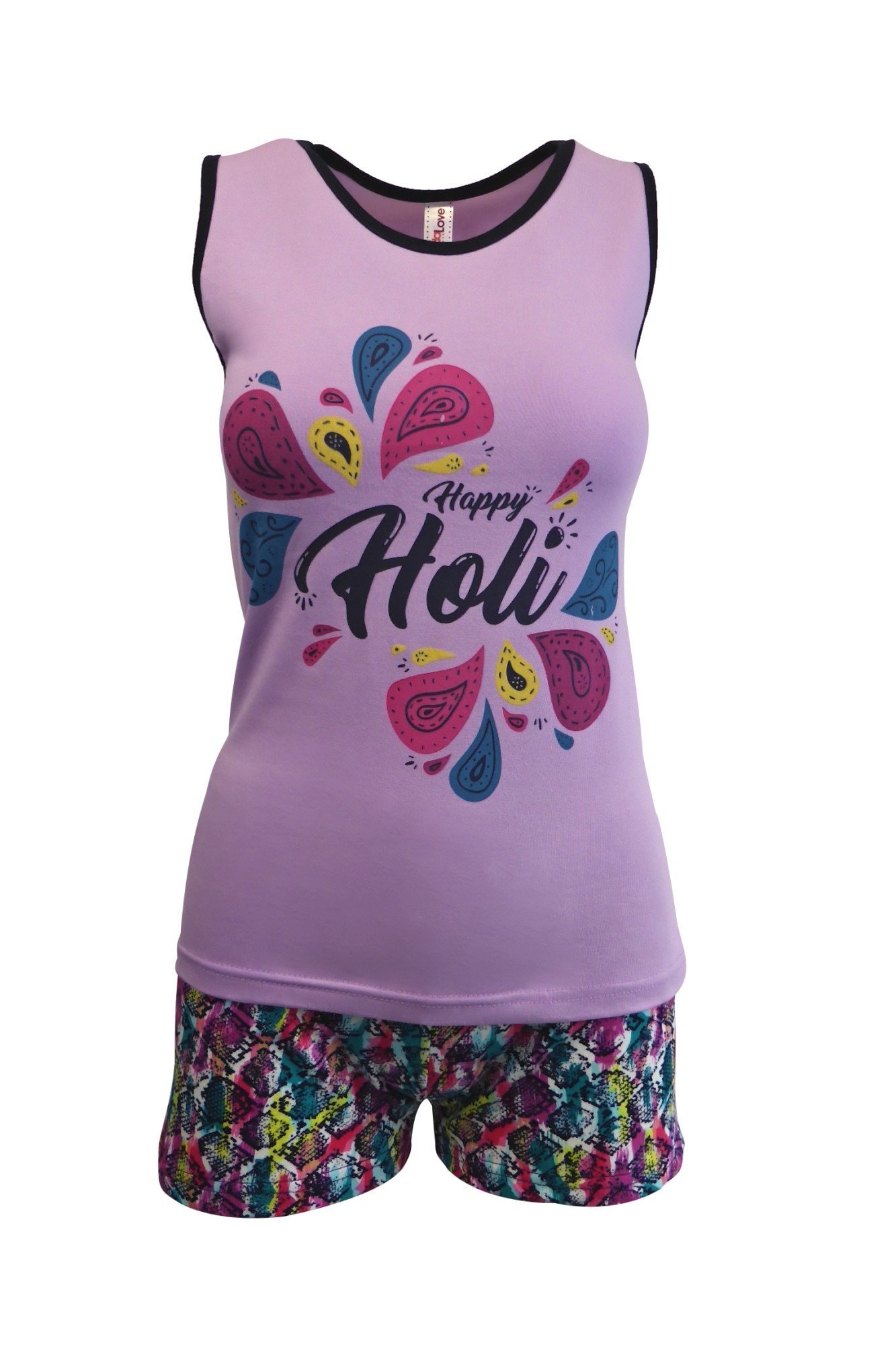 Pijama dama, Univers Fashion, maiou mov cu imprimeu 'Happy Holi