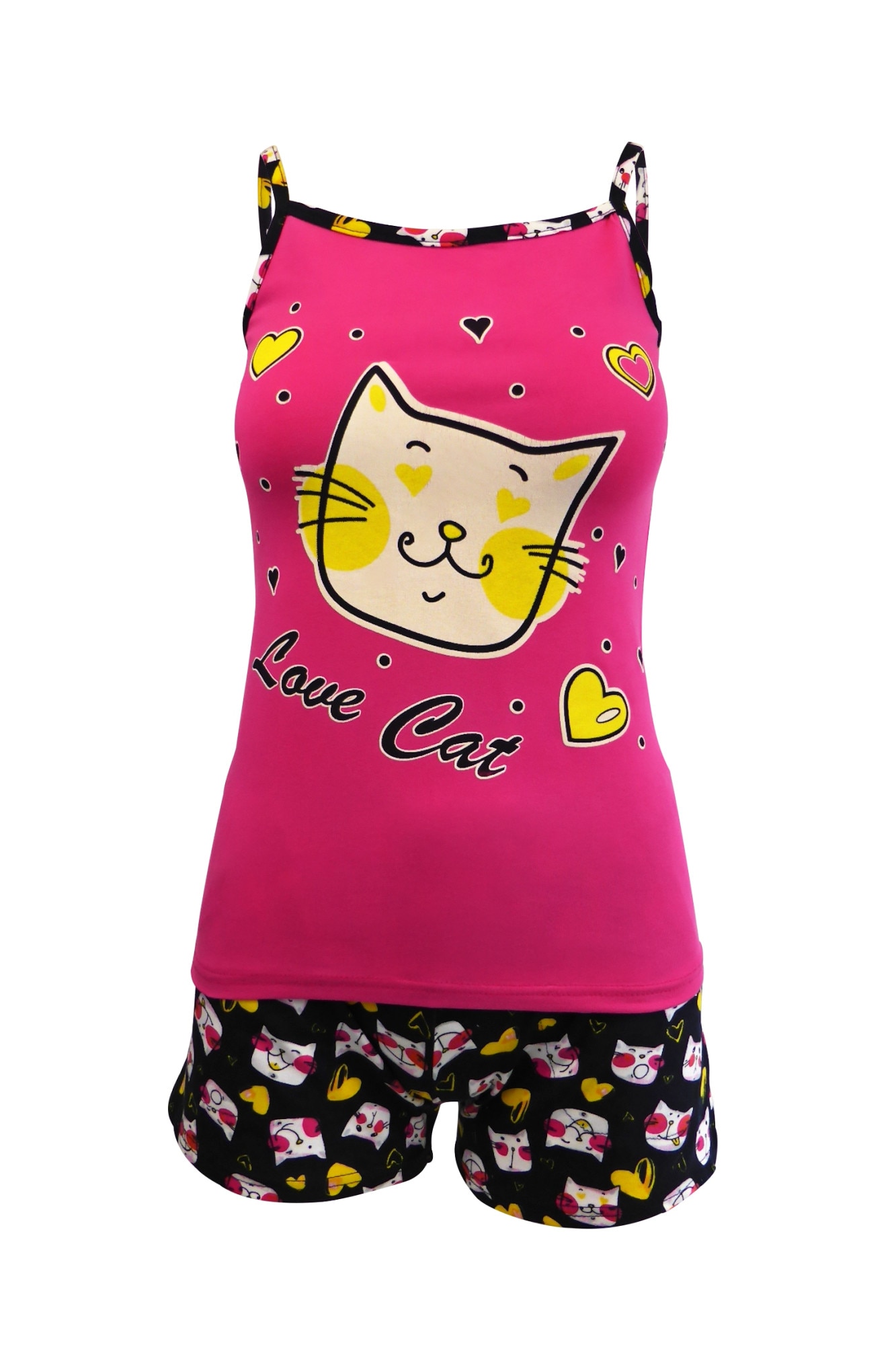 Pijama dama, Univers Fashion, maiou fucsia cu imprimeu 'Love cat