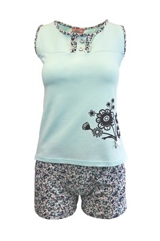 Pijama dama, Univers Fashion, maiou turcoaz cu imprimeu flori, pantaloni scurti albi cu imprimeu flori albastre cu 2 buzunare, XL Pijama dama, Univers Fashion, maiou turcoaz cu imprimeu flori, pantaloni scurti albi cu imprimeu flori albastre cu 2 buzunare, XL