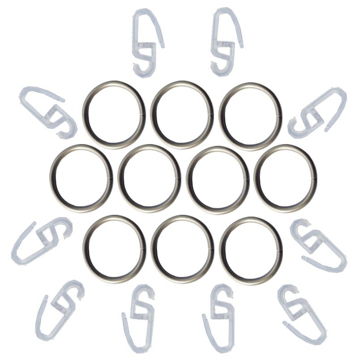 Set 10 Inele Metalice pentru bara de 25mm Satin Nichel (argintiu mat), cu agatatori din plastic Transparent