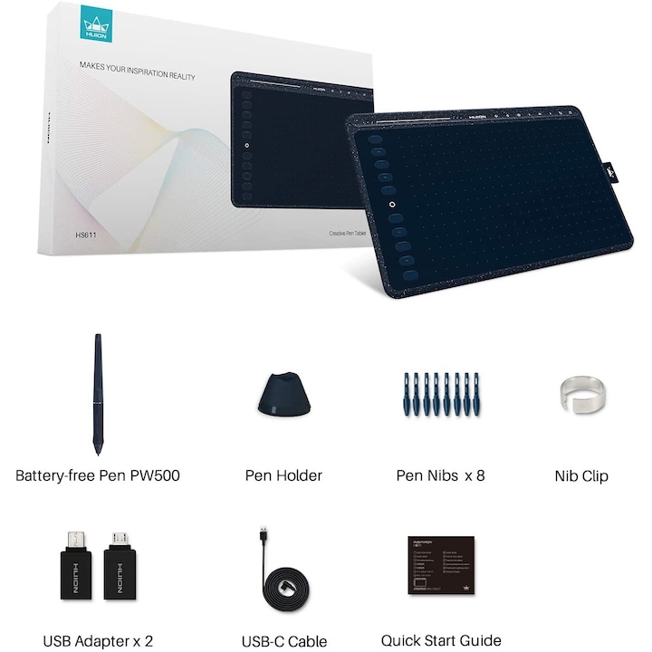 Графичен таблет Huion HS611, Съвместим с MacOS и Android, Син