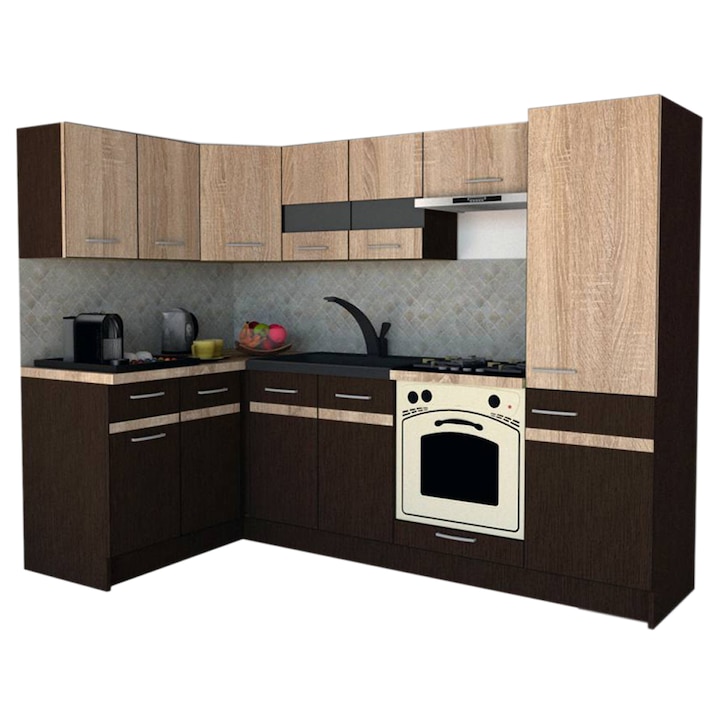 Set Bucatarie de Colt GENA NEW 1 ST 140-250, Genarom, Cu Corp de Cuptor, Wenge / Stejar Sonoma