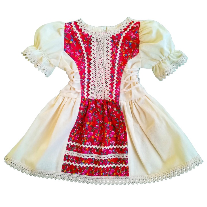 Рустик рокля за момиче 7 години, 100% памук, кремаво/червено с пуканки, кремава дантела