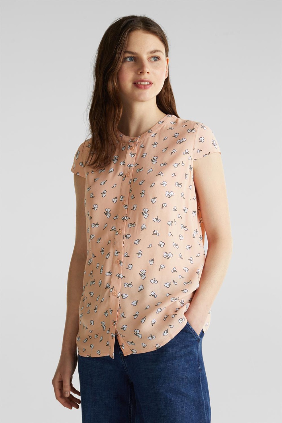 Esprit, Camasa cu maneca scurta si imprimeu floral, Oranj/Alb