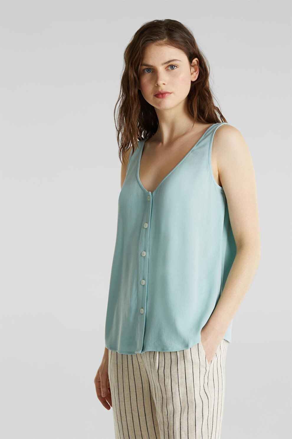 Esprit, Bluza fara maneci, cu decolteu in V, Albastru pastel