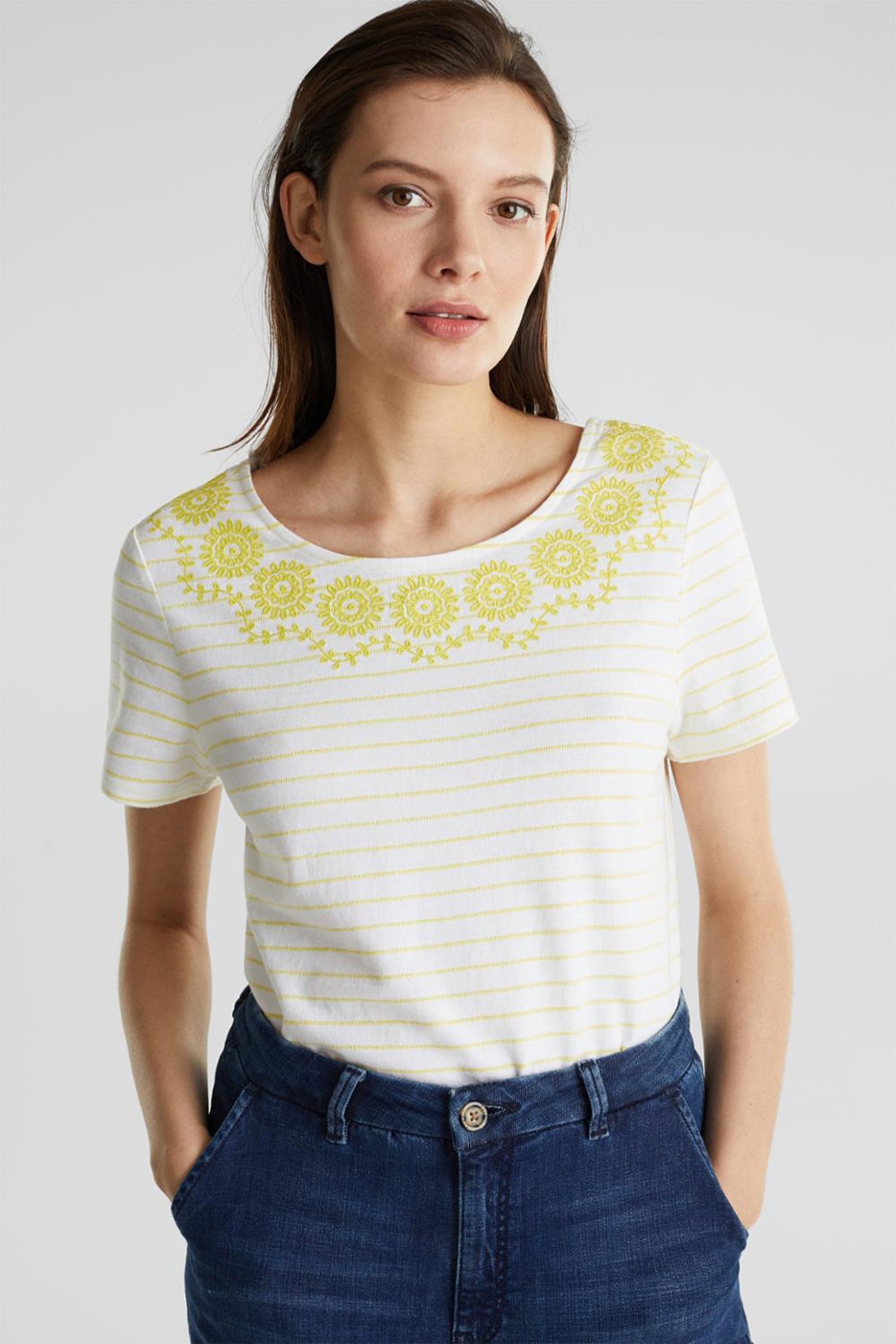 Esprit, Tricou cu decolteu pe partea din spate, Alb/Galben, XL