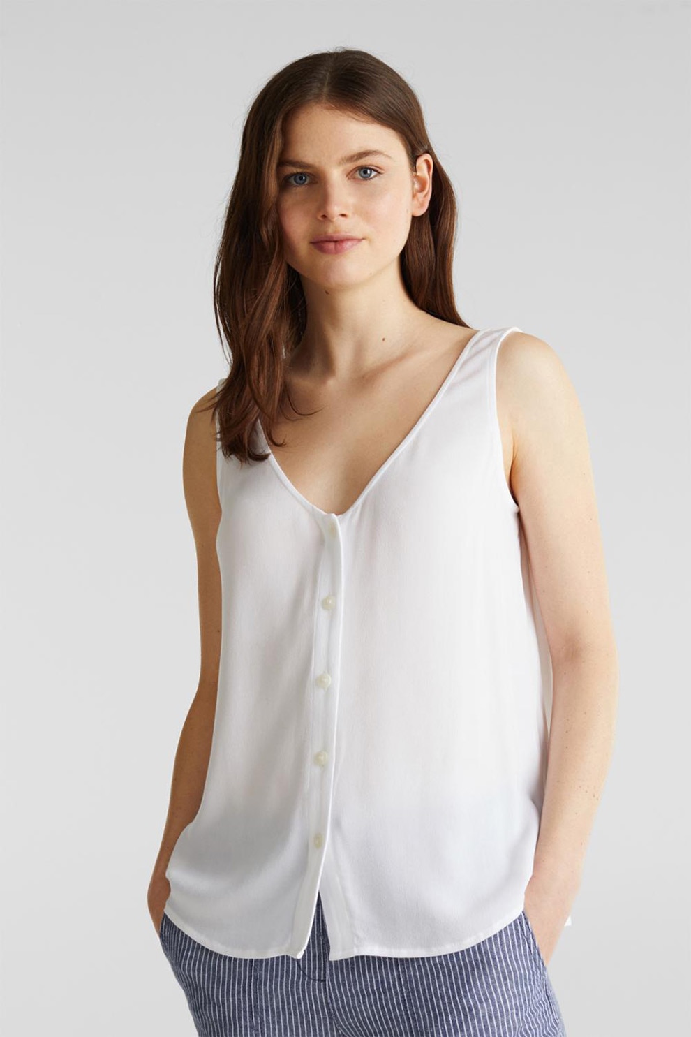 Esprit, Bluza fara maneci, cu decolteu in V, Alb