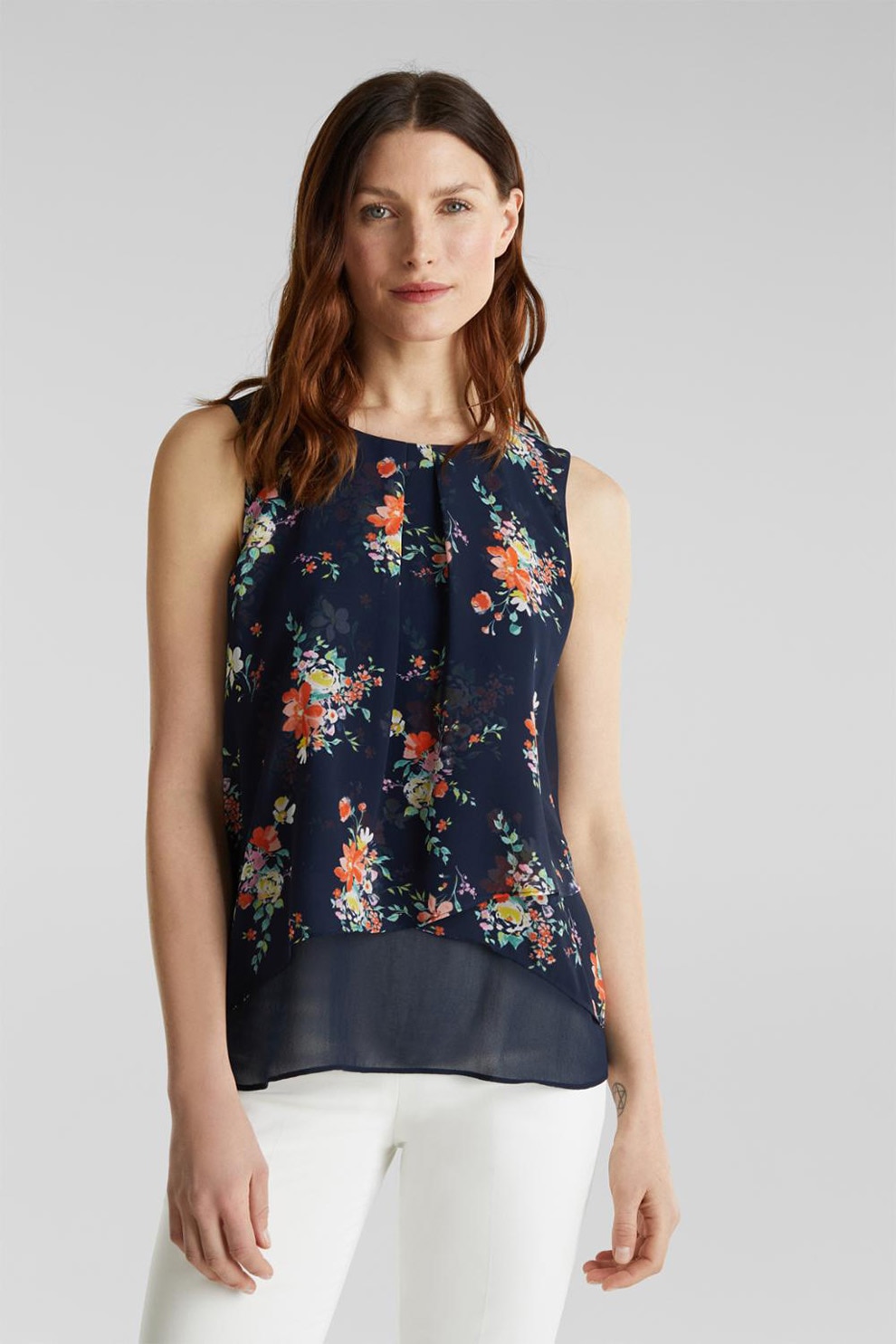 Esprit, Bluza din sifon cu imprimeu floral, fara maneci, Bleumarin inchis/Oranj/Alb, XS