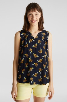 Esprit, Bluza fara maneci, cu model floral, Bleumarin inchis/Oranj/Alb Esprit, Bluza fara maneci, cu model floral, Bleumarin inchis/Oranj/Alb