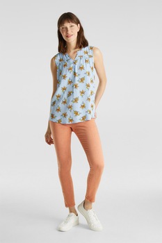 Esprit, Bluza fara maneci, cu model floral, Albastru azur/Oranj/Alb Esprit, Bluza fara maneci, cu model floral, Albastru azur/Oranj/Alb