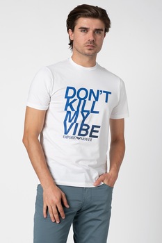 Emporio Armani, Tricou cu decolteu la baza gatului si imprimeu text, Alb/Albastru royal Emporio Armani, Tricou cu decolteu la baza gatului si imprimeu text, Alb/Albastru royal