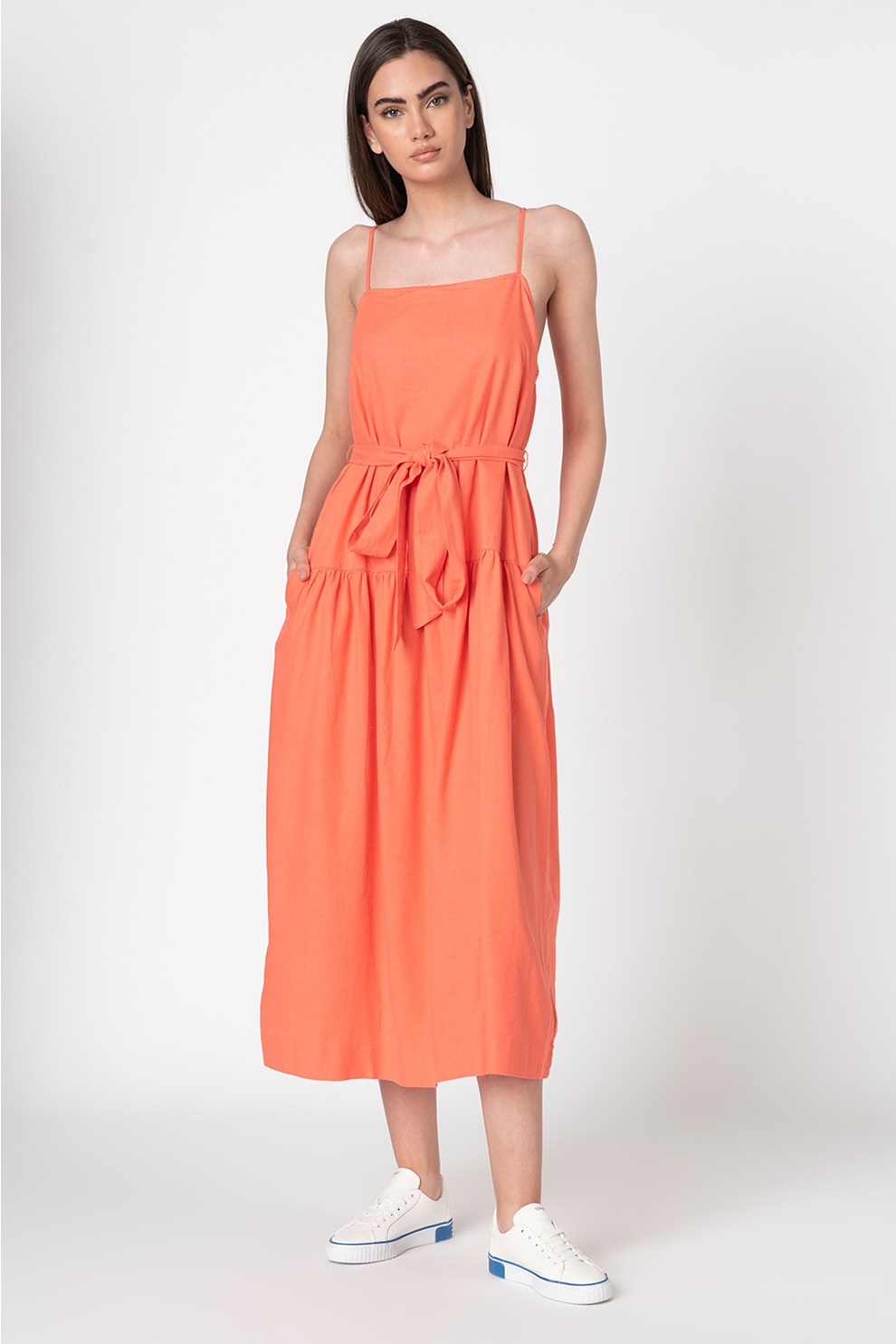 GAP, Rochie midi din amestec de in cu un cordon, Corai, L