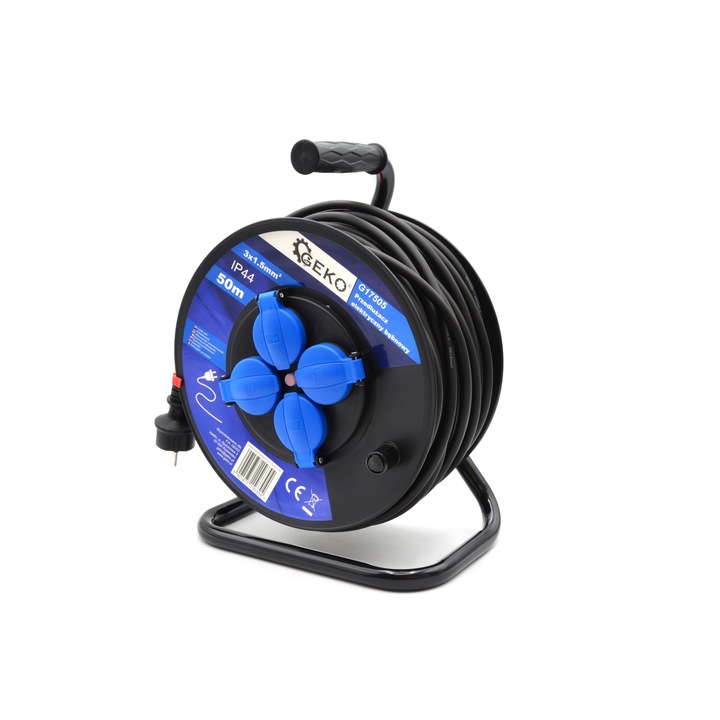 Удължител с макара GEKO G17505, 4 гнезда, 3 x 1.5 кв.мм, 50м