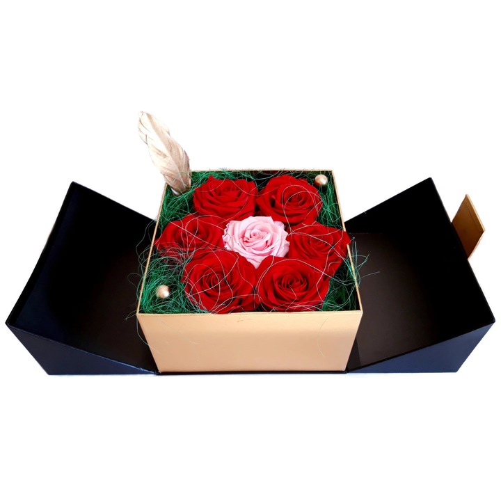Aranjament floral cu 7 trandafiri criogenati premium, Fresh Concept, editie de lux, in cutie stil evantai, rosu cu roz, marime XL