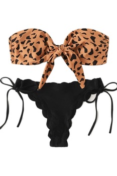 Costum de baie 2 piese, Herablum®, Waves, buretei detasabili, fara bretele, slip brazilian reglabil, poliester, spandex, Negru/Maro Costum de baie 2 piese, Herablum®, Waves, buretei detasabili, fara bretele, slip brazilian reglabil, poliester, spandex, Negru/Maro