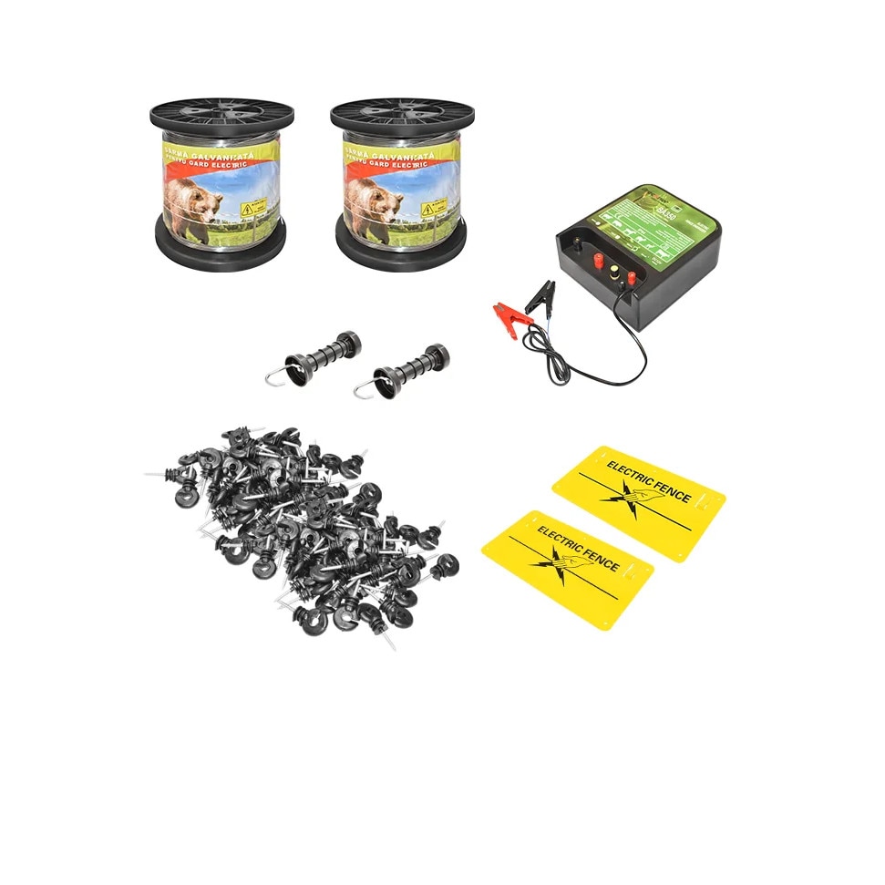 Kit complet gard electric 12V 2.5 Joule, lungime sarma 1000m 200 izolatori si placute avertizare Breckner Germany