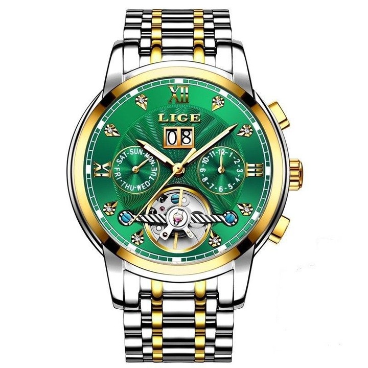Мъжки часовник Lige, автоматичен механичен, аналогов, класически, бизнес, елегантен, неръждаема стомана, светещи индекси, календар, зелен сребрист