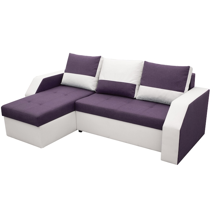 Ъглов диван Madrid, 2 отделения за съхранение, разтегателен, бял / лилав, 226 x 145 x 79 см