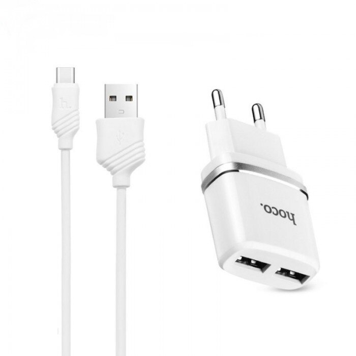Incarcator Priza Hoco, C12 Smart 2 x USB, Cablu USB Type-C, Alb